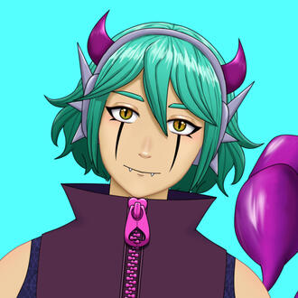 An illustration of a person with short teal hair tilting their head. They have golden eyes with winged eyeliner, along with long black streaks down the middle of their cheek. They have a small nose and a smile with two small fangs.